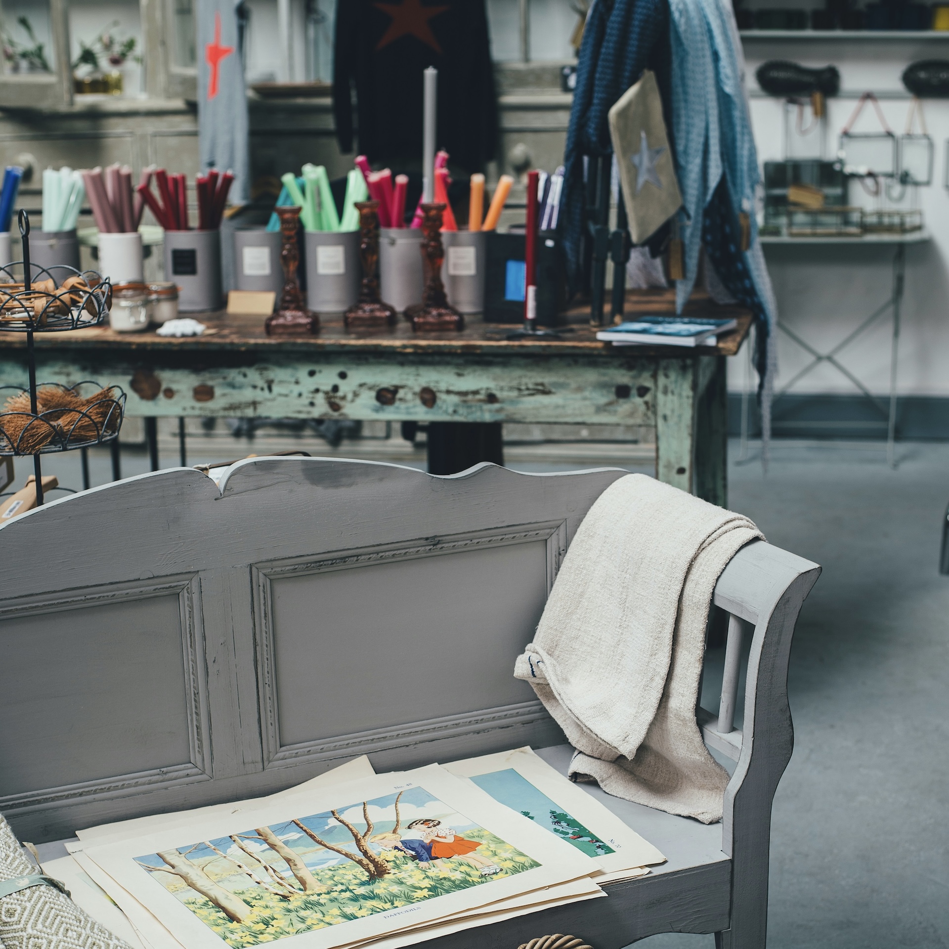 art supplies on table and chair